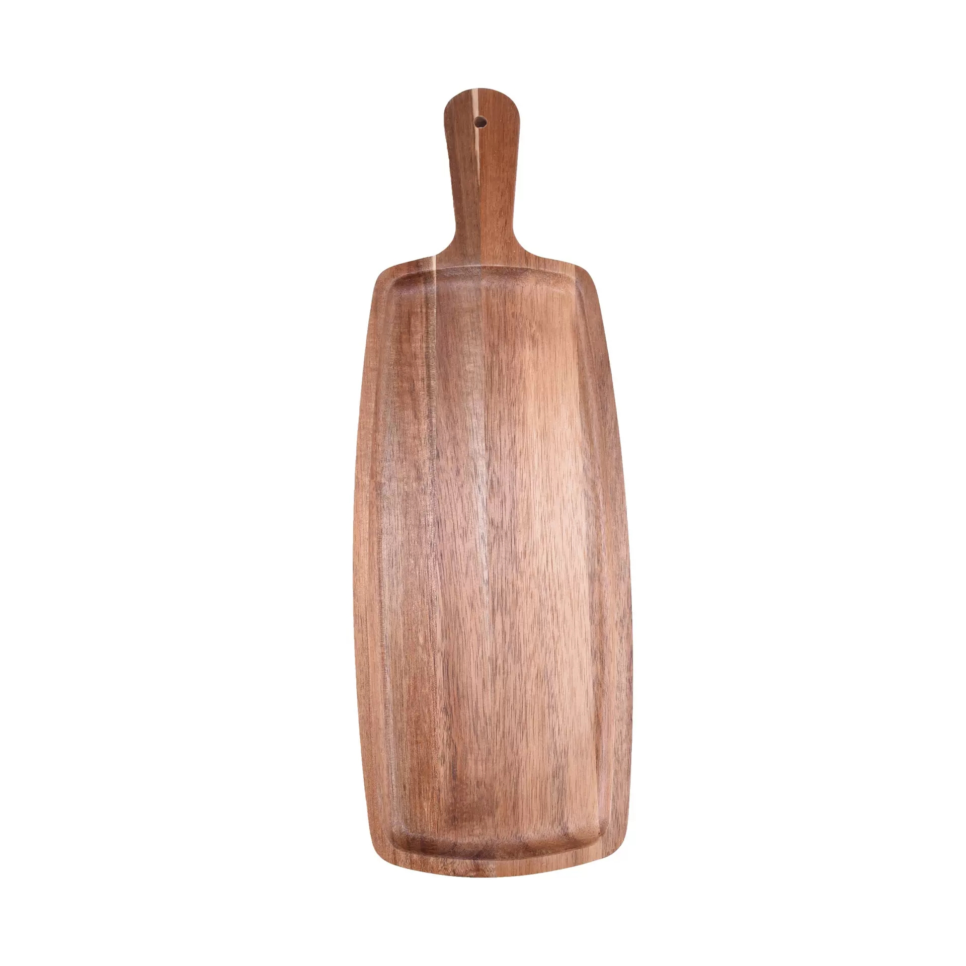 Custom Long Acacia Wood Paddle Cutting Board with Carved Serving Groove and Handle